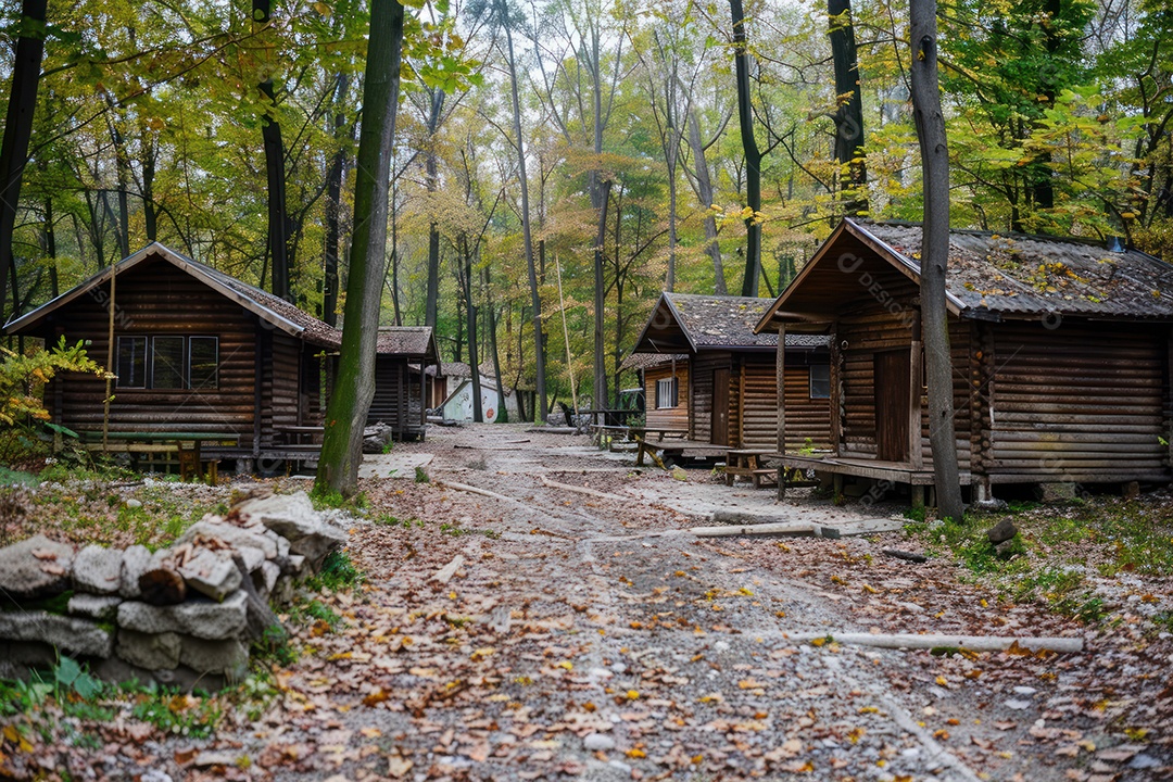 Caminho no parque em vila verde e tranquila árvores