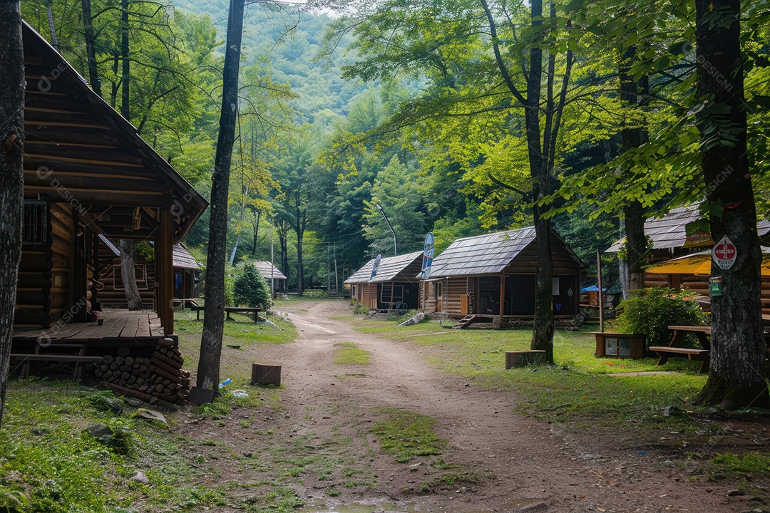 Caminho no parque em vila verde e tranquila árvores