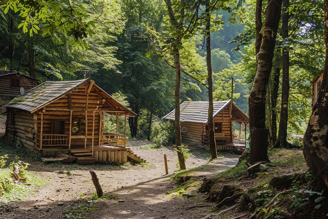 Caminho no parque em vila verde e tranquila árvores
