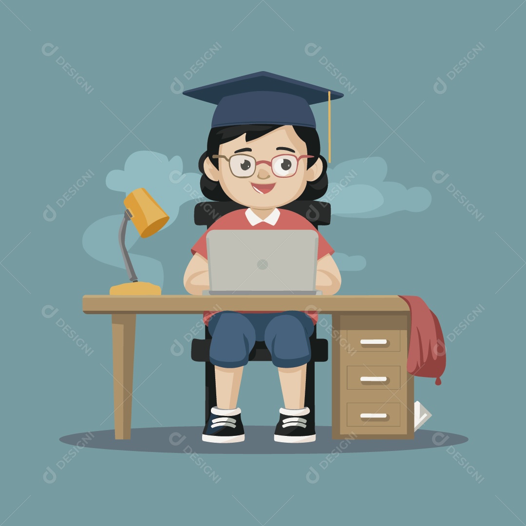 Aluna Estudando Pelo Notebook Usando Capelo Ilustração Vetor EPS