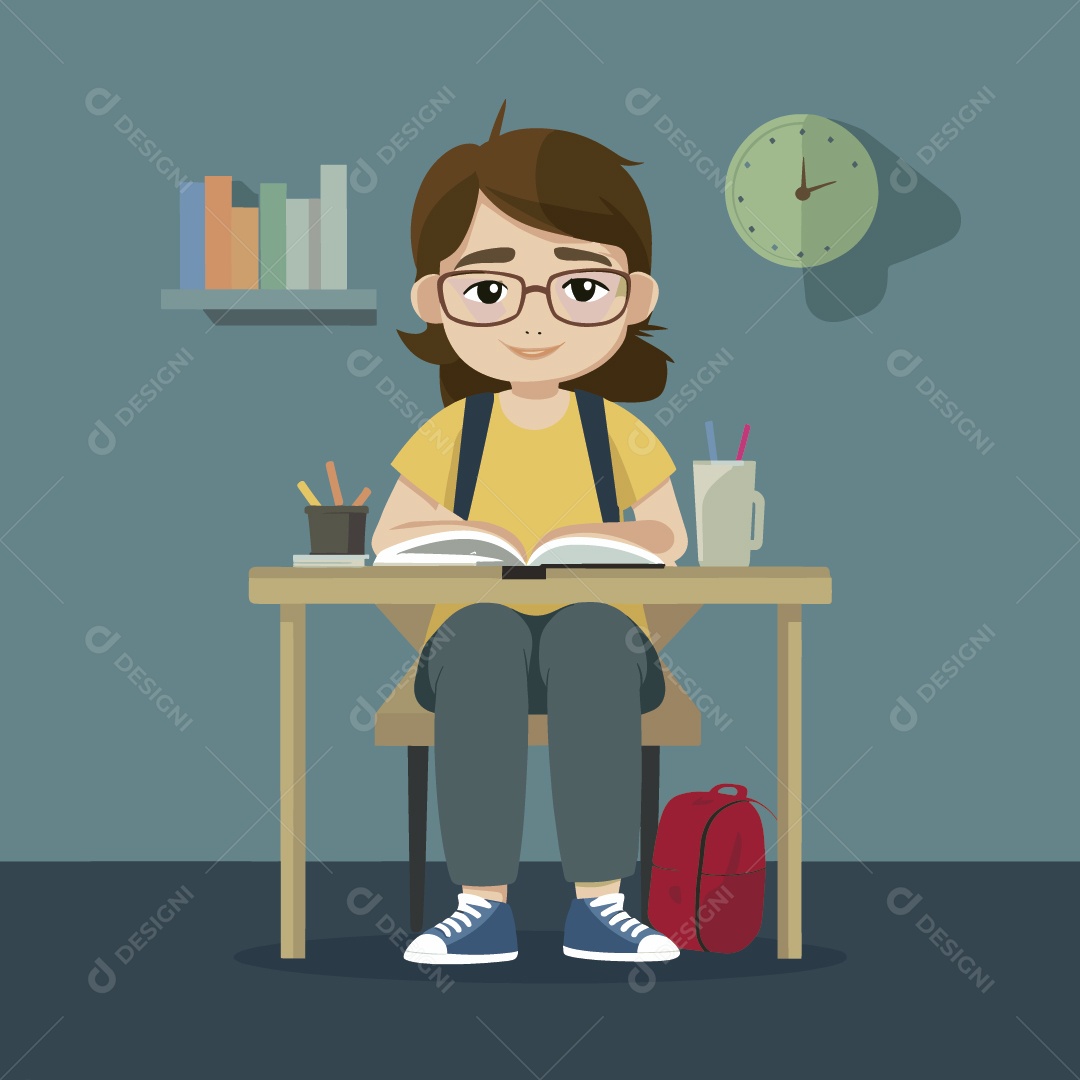 Aluna Sentada na Cadeira Lendo um Livro Ilustração Vetor EPS