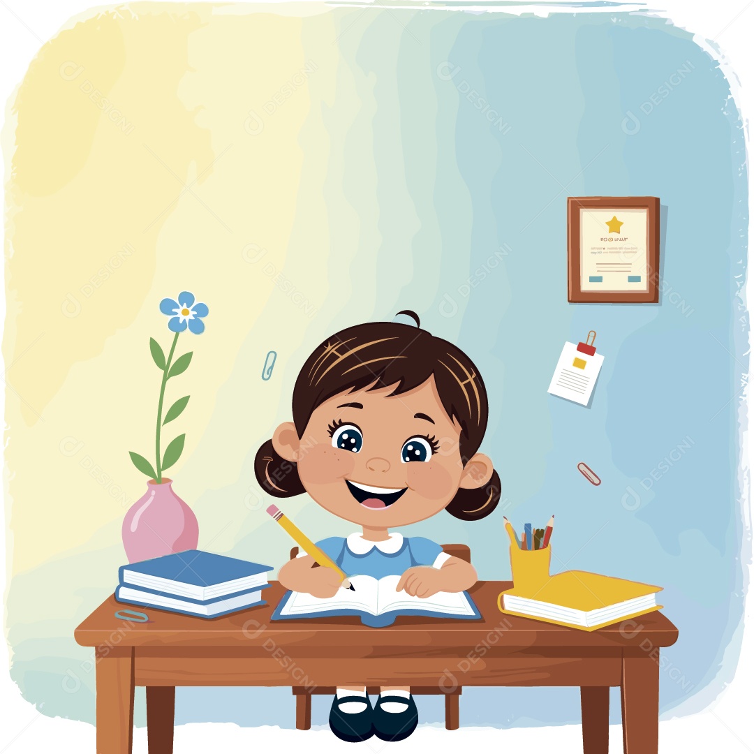 Aluna Sentada na Cadeira Escrevendo e Sorrindo Ilustração Vetor EPS