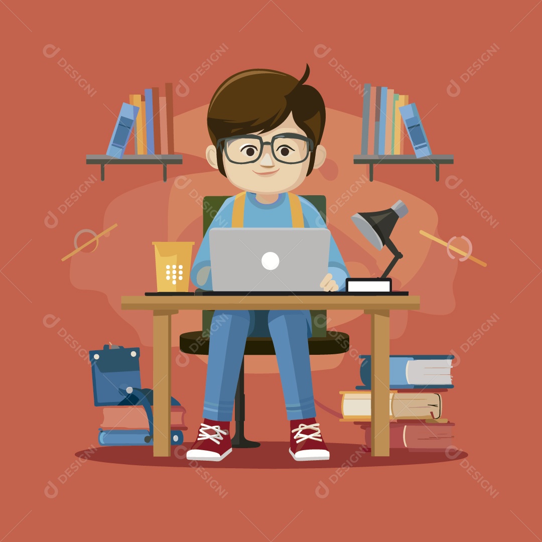 Aluno Sentado Estudando Ilustração Vetor EPS