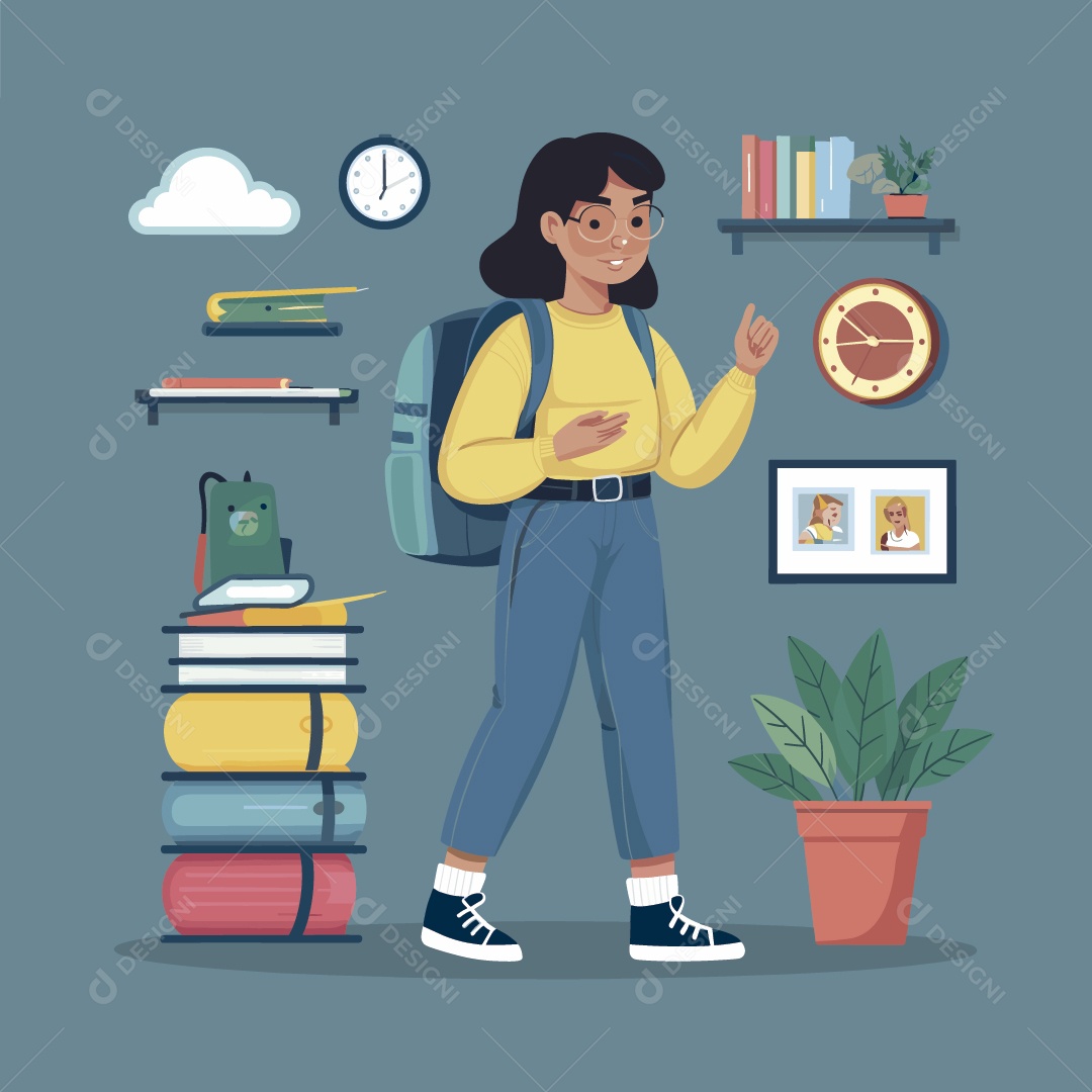 Menina Estudante Mochila nas Costas Ilustração Vetor EPSf