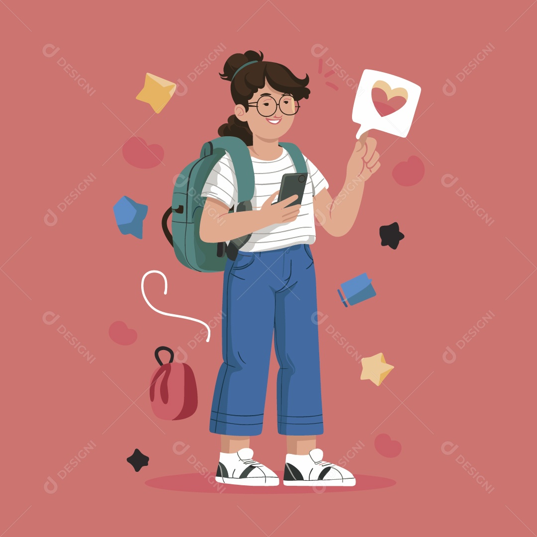 Menina Estudante Segurando Celular Mochila nas Costas Ilustração Vetor EPS