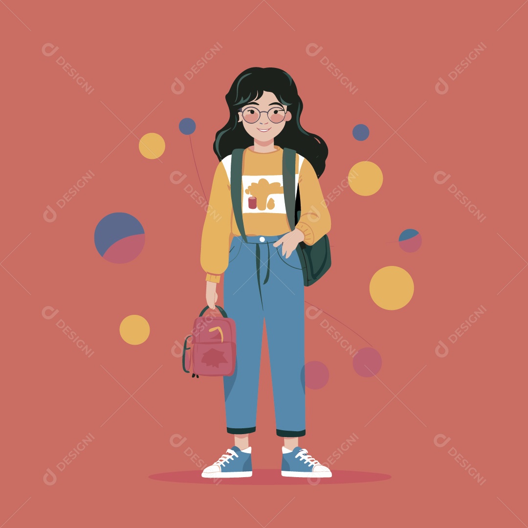 Menina Estudante Mochila nas Costas Ilustração Vetor EPS