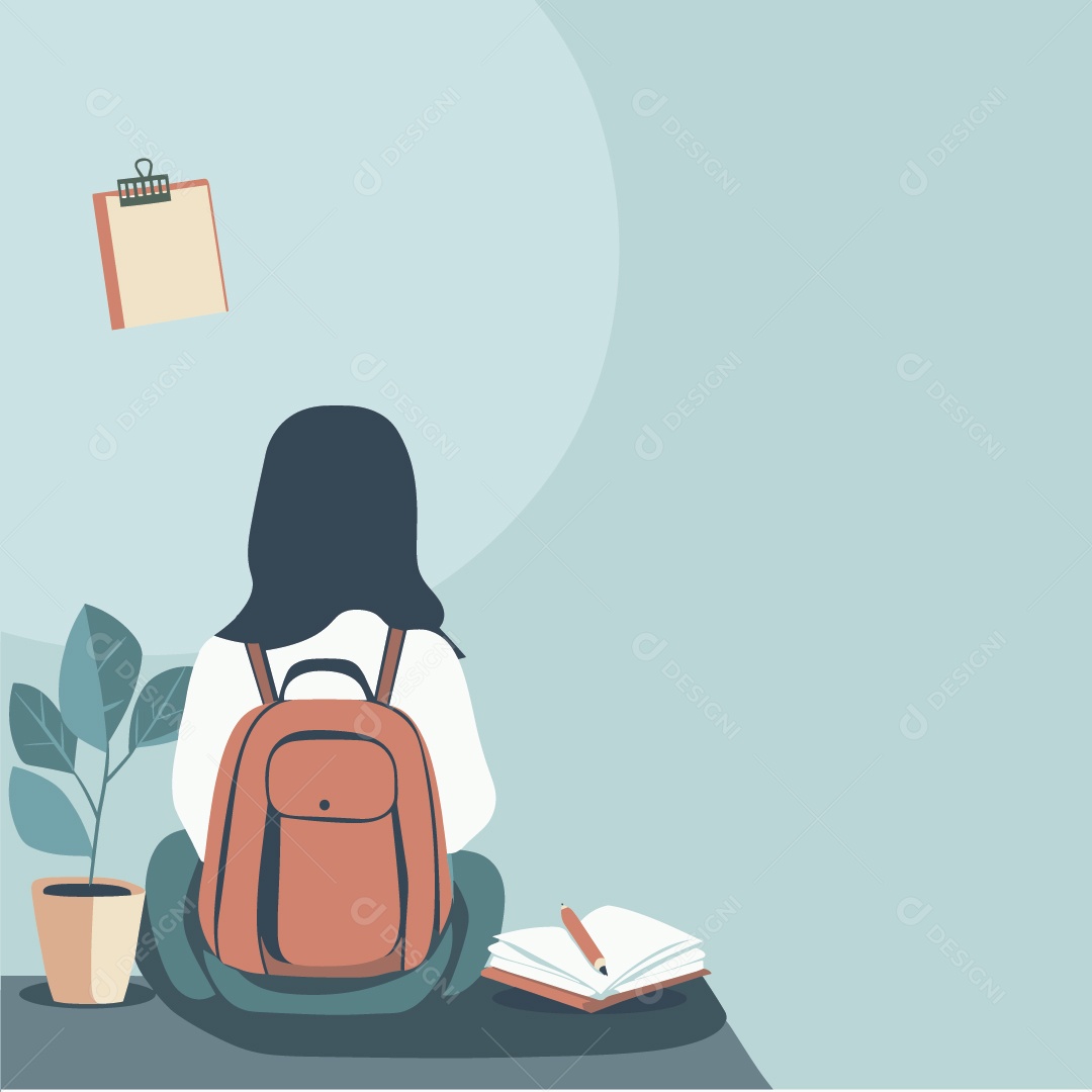 Menina Estudante Sentada com Mochila nas Costas Ilustração Vetor EPS