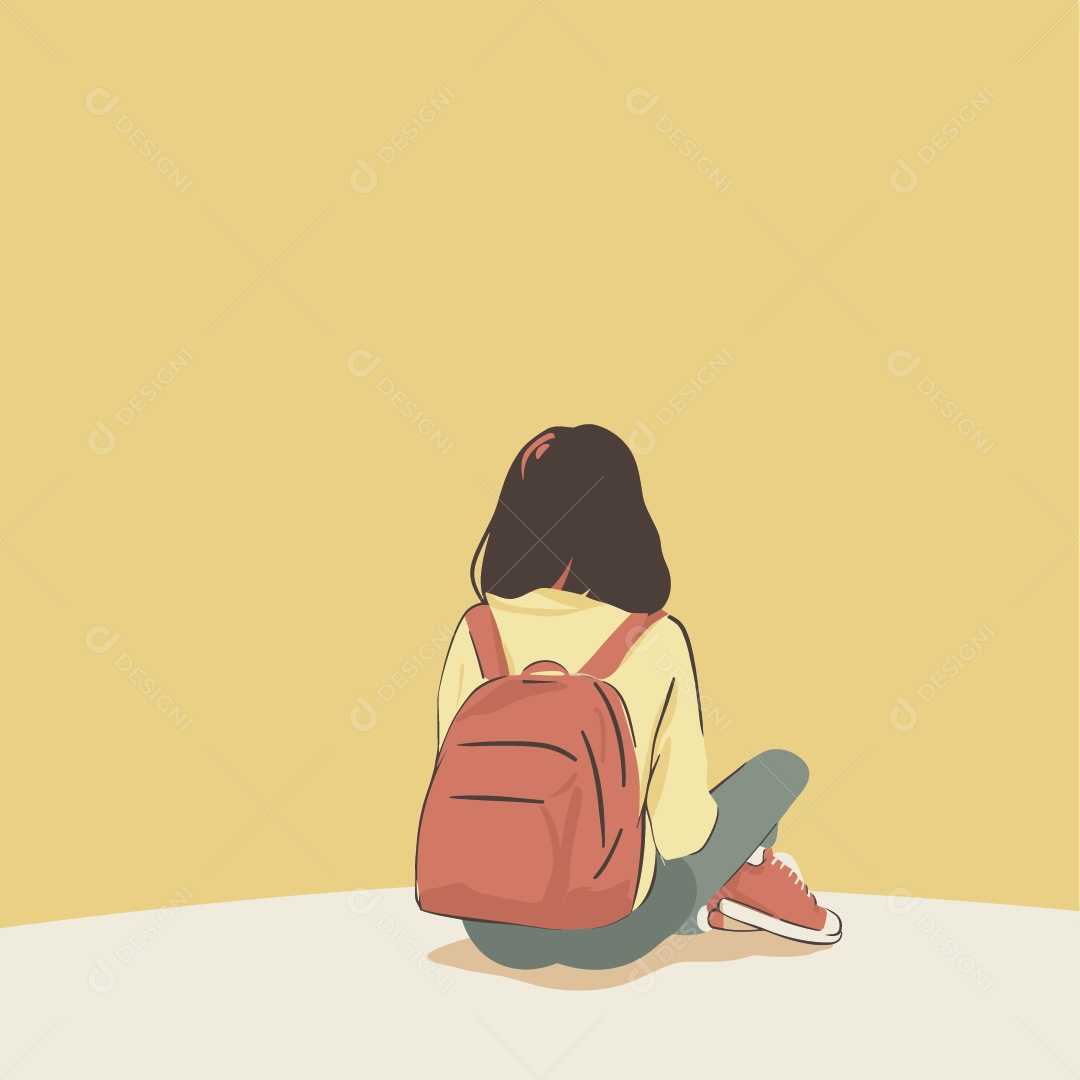 Menina Estudante Sentada com Mochila nas Costas Ilustração Vetor EPS