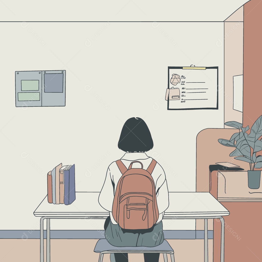 Menina Estudante Sentada na Cadeira da Escola com Mochila nas Costas Ilustração Vetor EPS