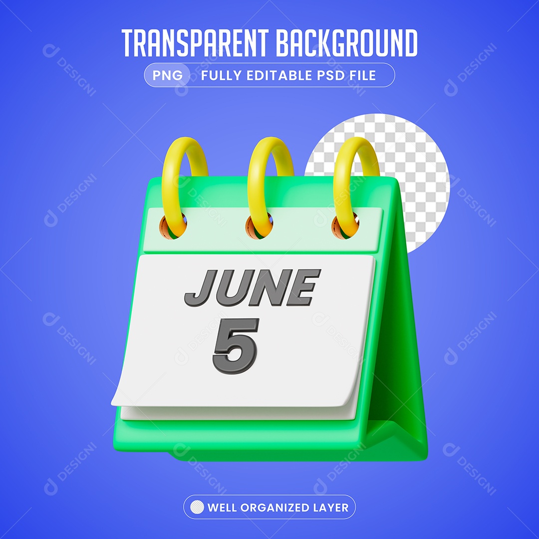 Elemento 3D Calendário Mês de Junho Para Composição PSD