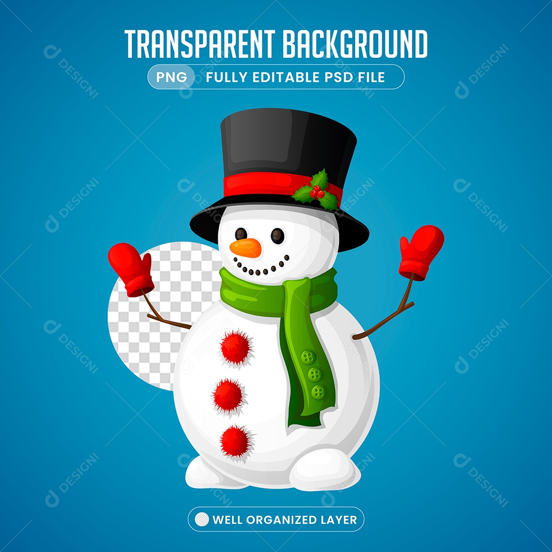 Boneco de Neve Feliz Elemento 3D para Composição PSD