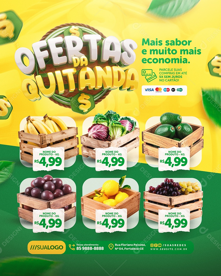 Ofertas da Quitanda Hortifruti Banana Repolho e Abacate Social Media PSD Editável