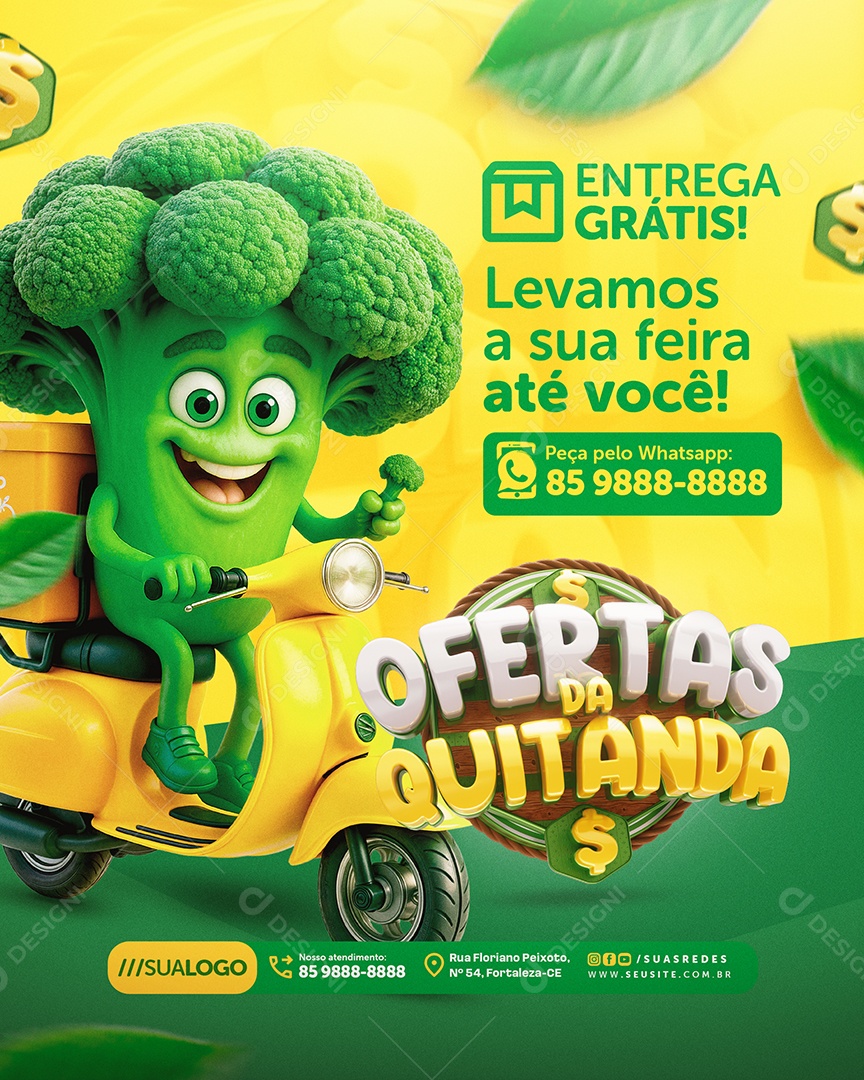 Ofertas da Quitanda Hortifruti Brócolis Entrega Grátis Social Media PSD Editável