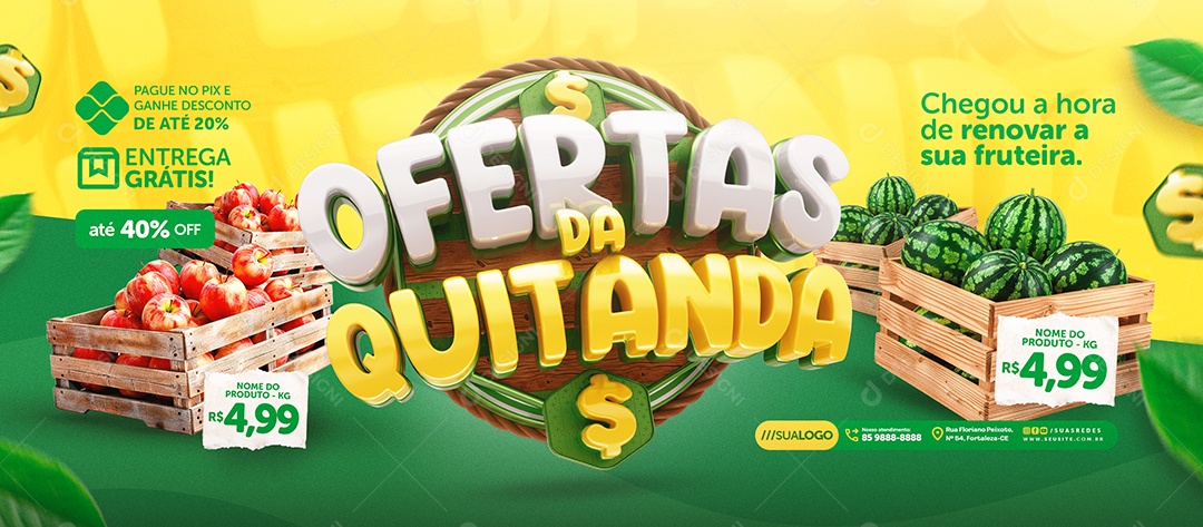 Banner Ofertas da Quitanda Hortifruti Maçã e Melancia Social Media PSD Editável