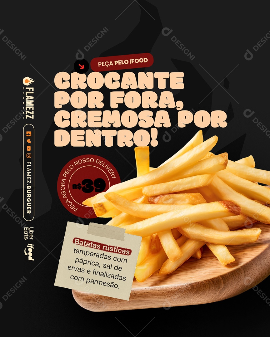 Hamburgueria Batatas Rústicas Crocante por Fora Cremosa por Dentro Media PSD Editável