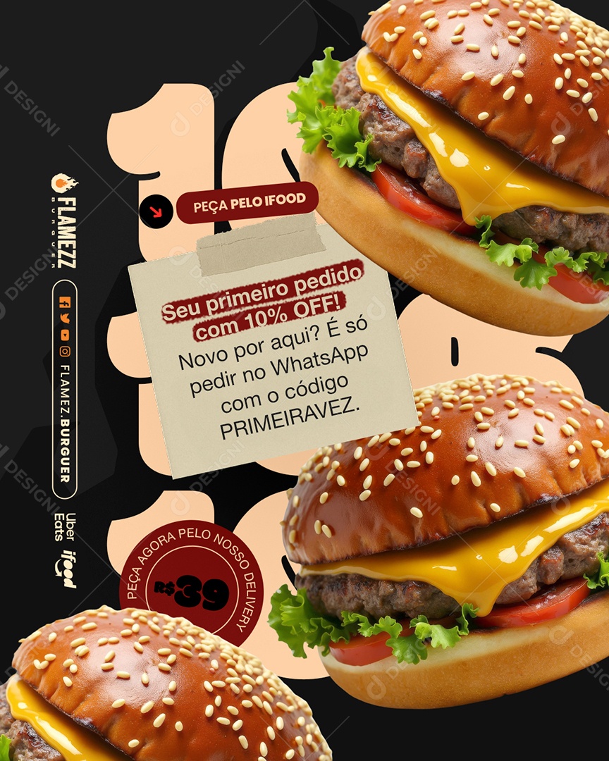 Hamburgueria Seu Primeio Pedido com 10% Off Social Media PSD Editável