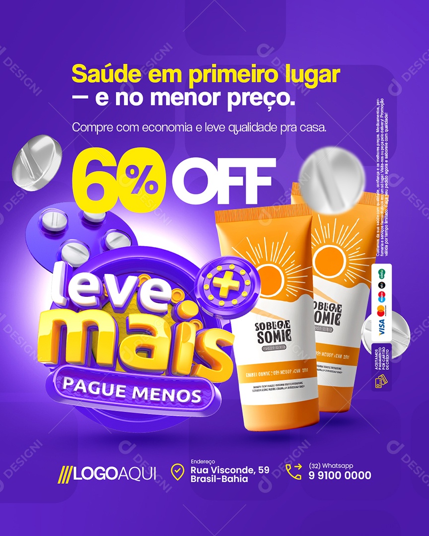 Leve Mais Pague Menos Farmácia Saúde em Primeiro Lugar Social Media PSD Editável