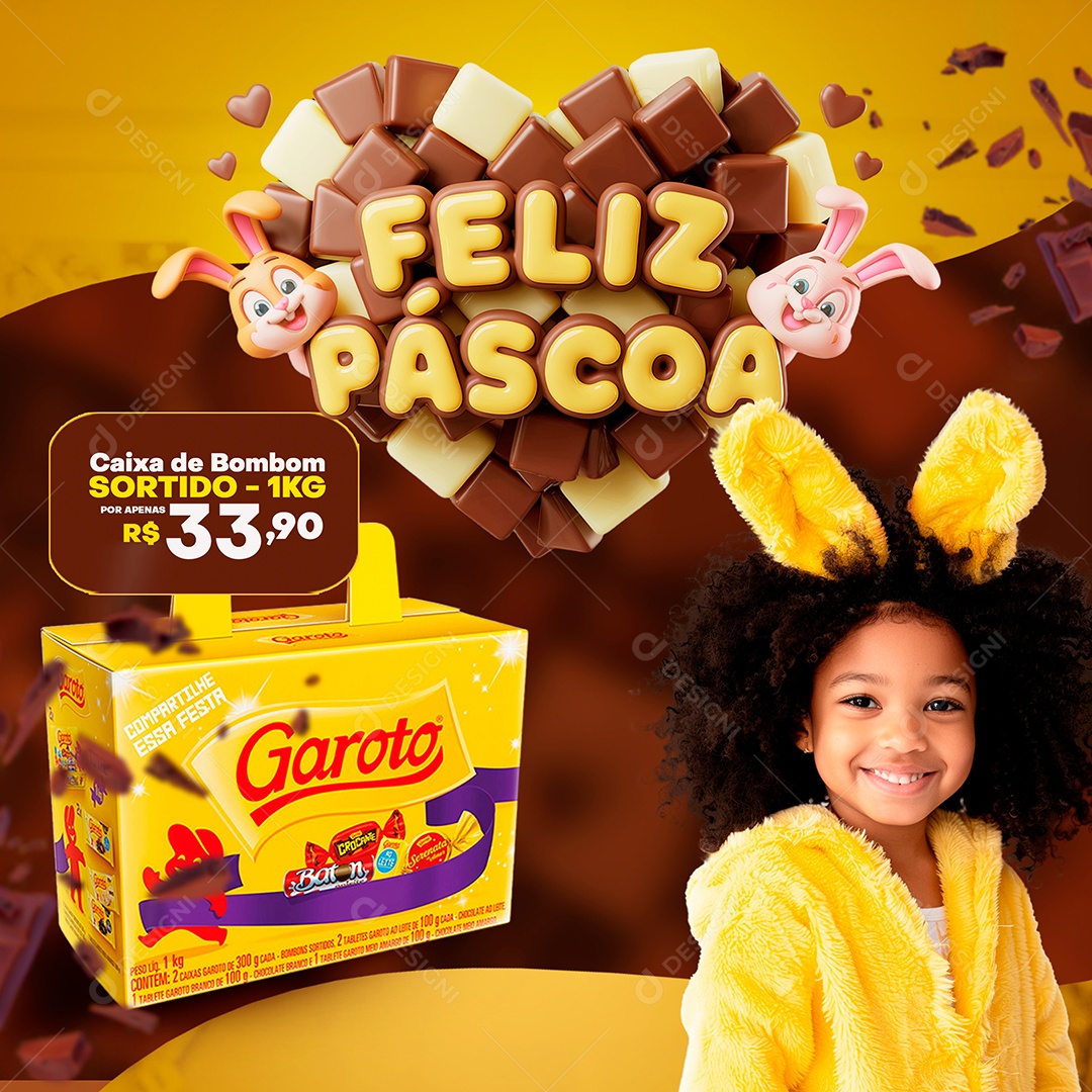 Feliz Páscoa Supermercado Caixa de Bombom Social Media PSD Editável