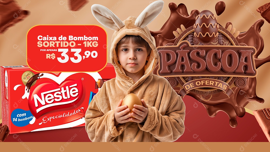 Banner Páscoa de Ofertas Supermercado Caixa de Bombom Social Media PSD Editável