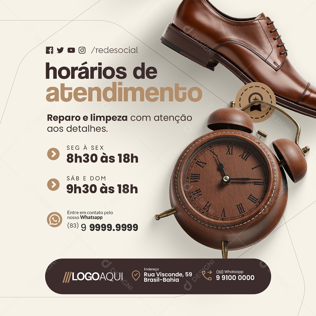 Sapateiro Horários de Atendimento Social Media PSD Editável