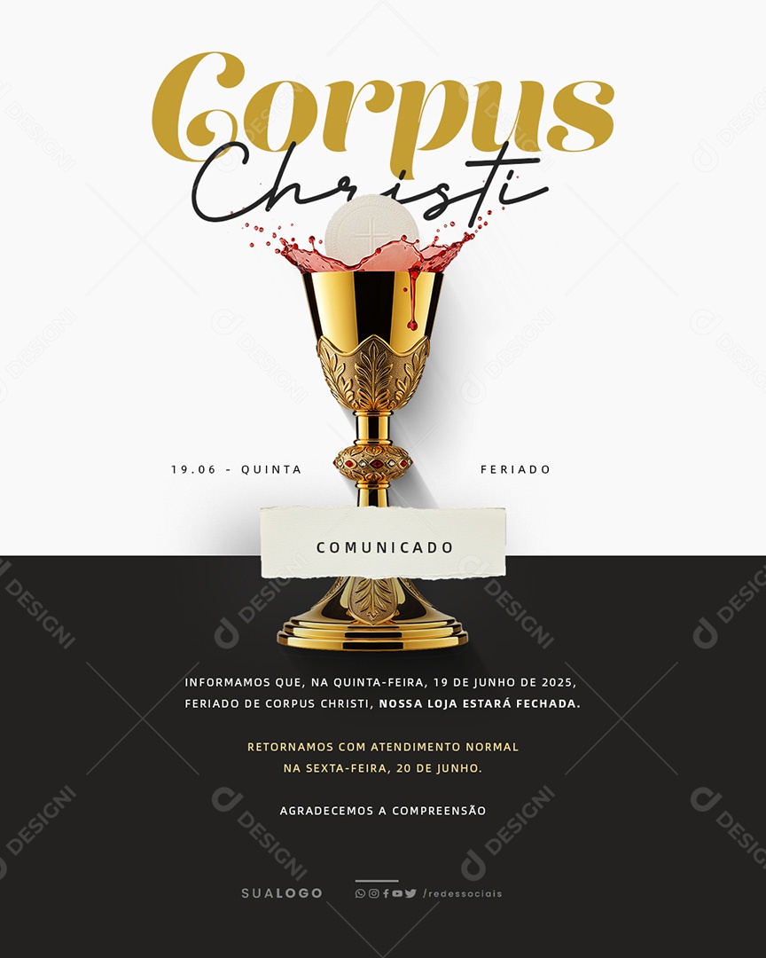 Dia de Corpus Christi Aviso de Funcionamento Social Media PSD Editável