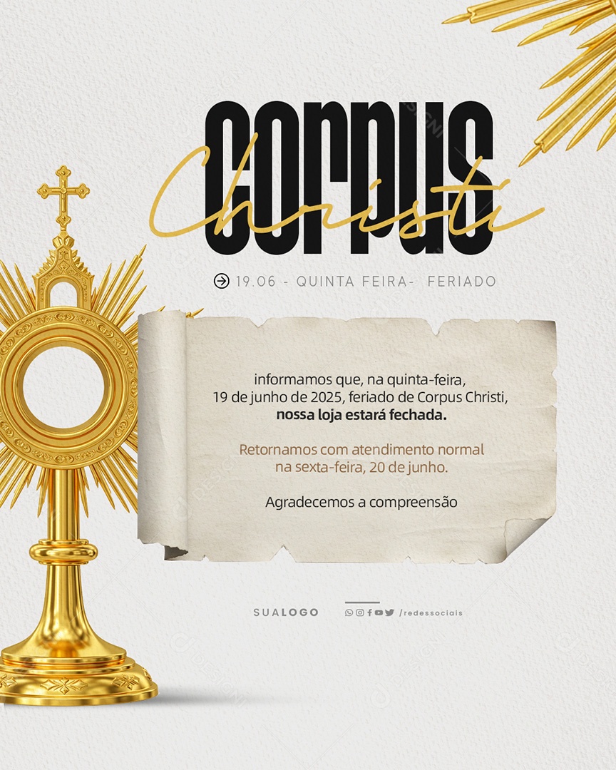 Dia de Corpus Christi Aviso de Funcionamento Social Media PSD Editável