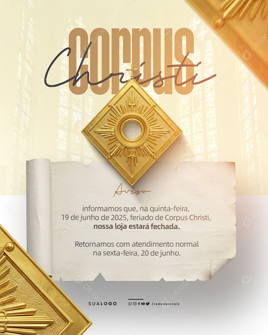 Dia de Corpus Christi Aviso de Funcionamento Social Media PSD Editável