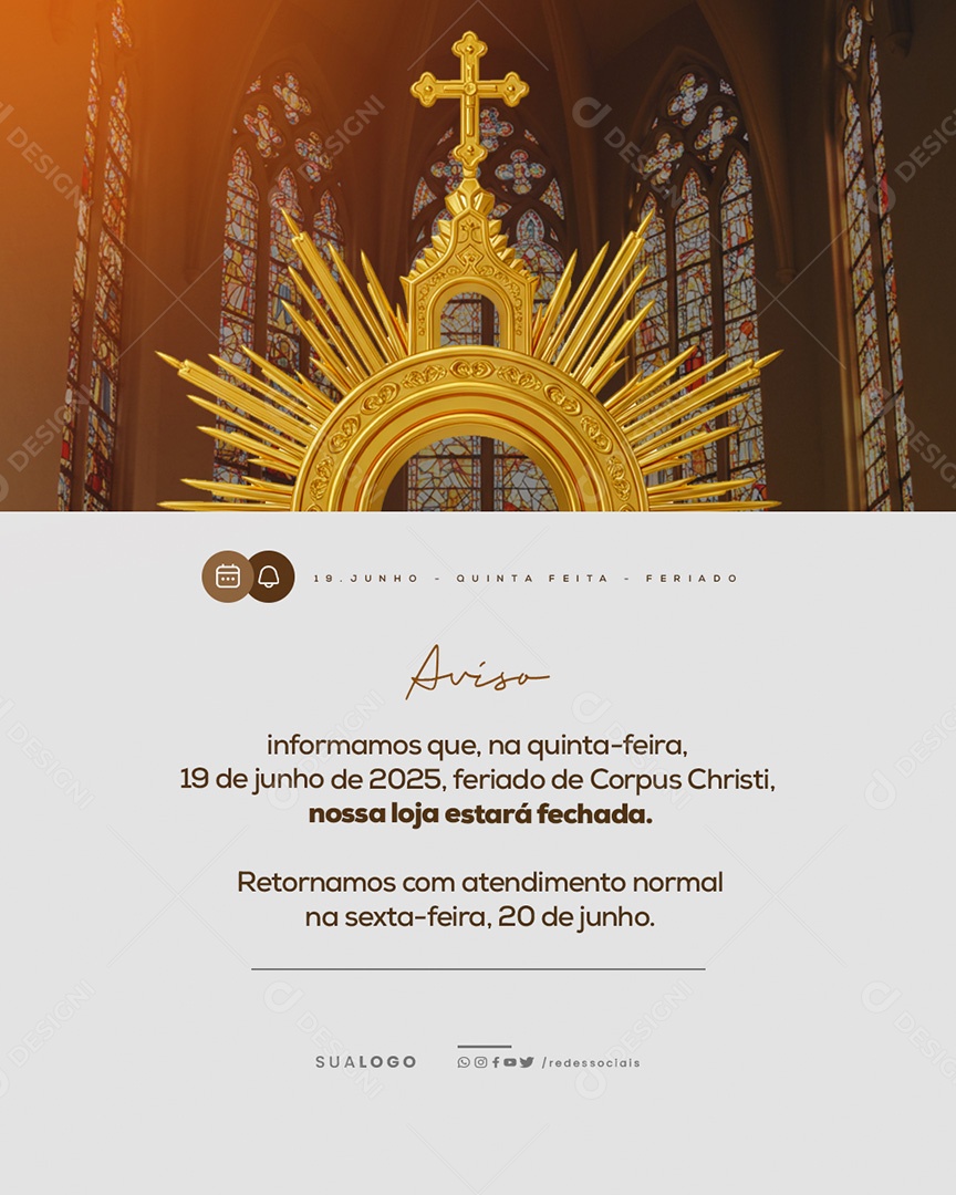 Dia de Corpus Christi Aviso de Funcionamento Social Media PSD Editável