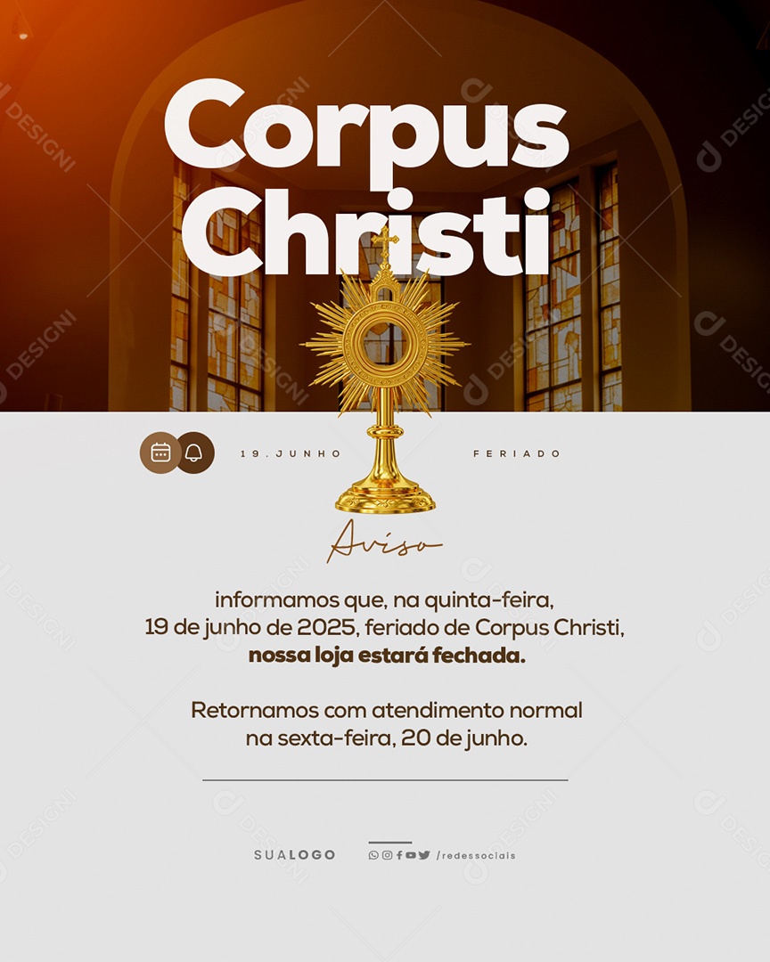 Dia de Corpus Christi Aviso de Funcionamento Social Media PSD Editável