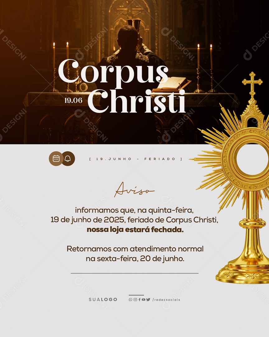 Dia de Corpus Christi Aviso de Funcionamento Social Media PSD Editável