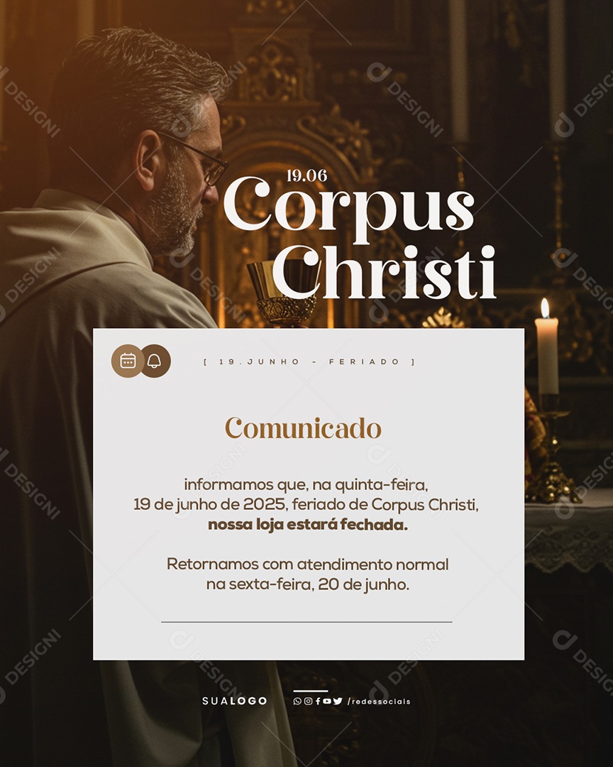 Dia de Corpus Christi Aviso de Funcionamento Social Media PSD Editável