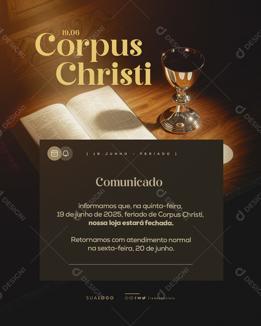 Dia de Corpus Christi Aviso de Funcionamento Social Media PSD Editável