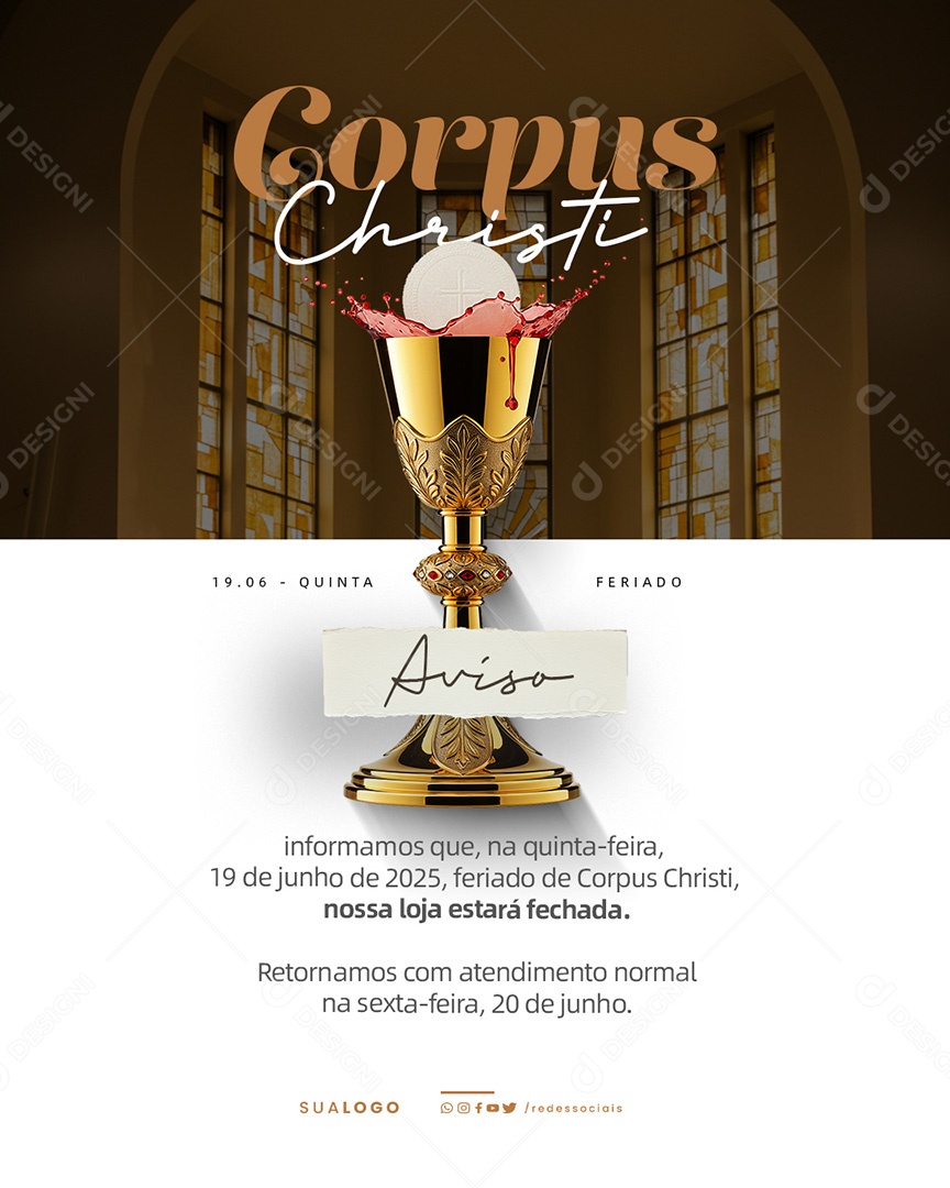 Dia de Corpus Christi Aviso de Funcionamento Social Media PSD Editável