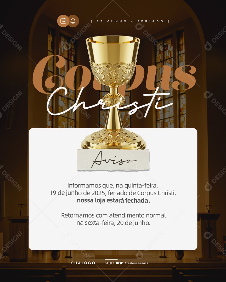 Dia de Corpus Christi Aviso de Funcionamento Social Media PSD Editável