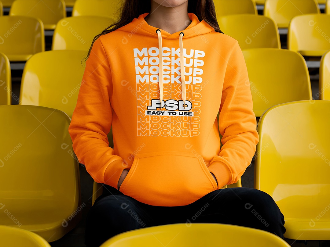 Mulher com Moletom Sentada na Cadeira do Estádio Mockup PSD Editável
