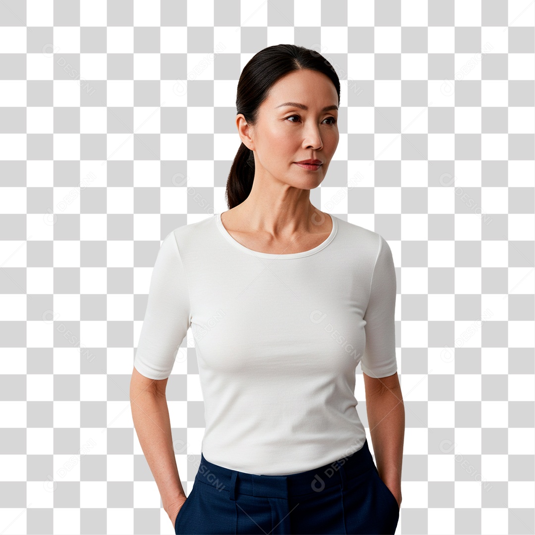 Mulher de Blusa Branca Sorrindo PNG Transparente