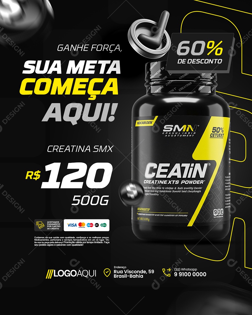 Loja de Suplementos Ganhe Força Sua Meta Começa Aqui Social Media PSD Editável