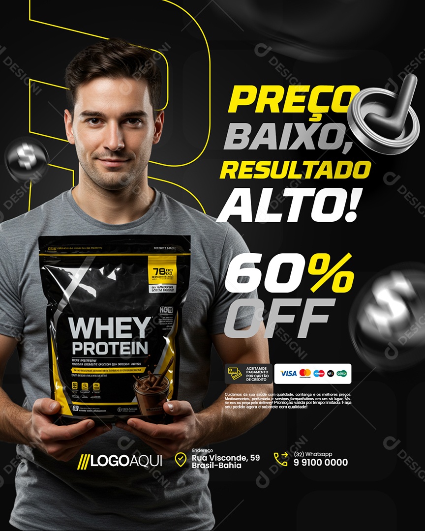 Loja de Suplementos Preço Baixo Resultado Alto Social Media PSD Editável