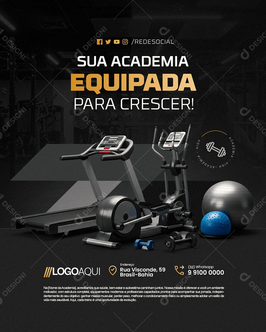 Sua Academia Equipada para Crescer Social Media PSD Editável