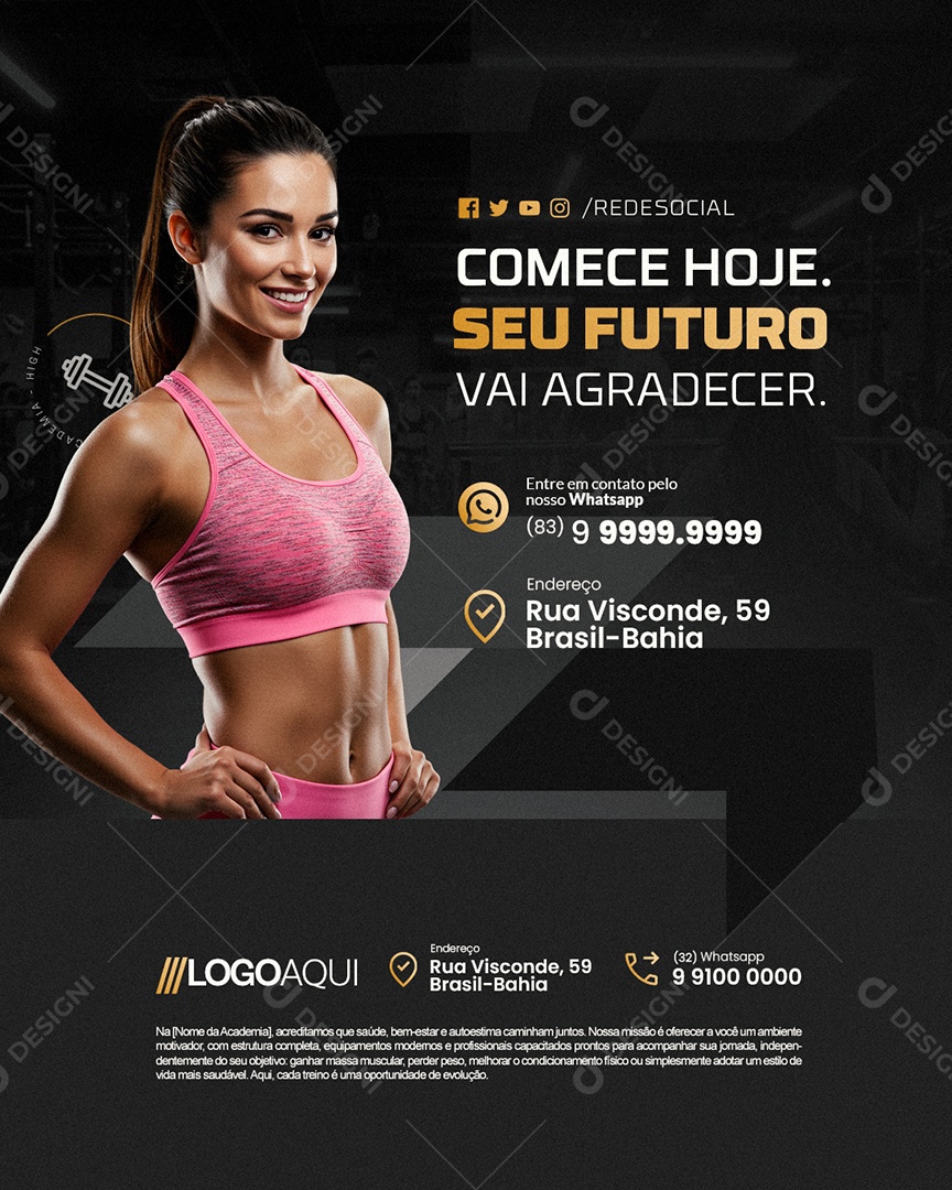 Academia Comece Hoje Seu Futuro Social Media PSD Editável