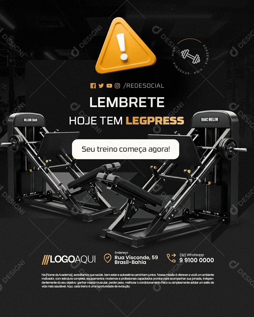 Academia Lembrete Hoje Tem Legpress Social Media PSD Editável