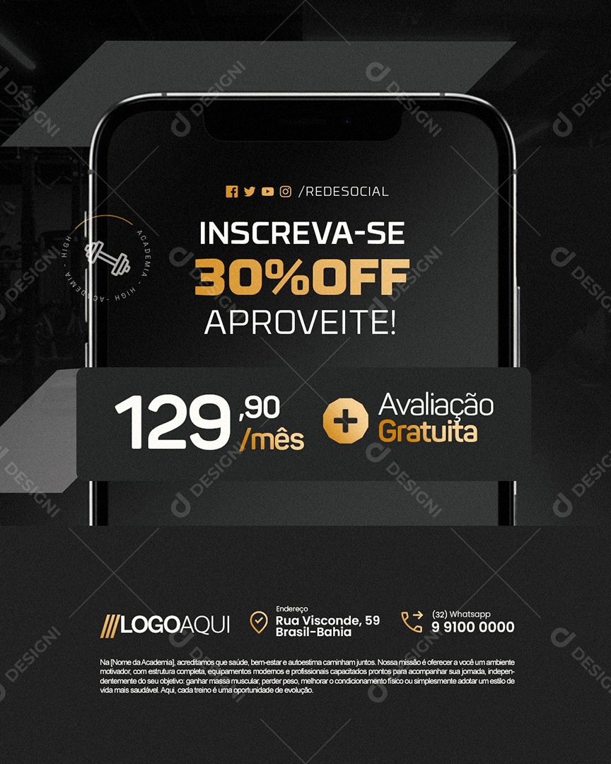 Academia Inscreva-Se 30% Off Aproveite Social Media PSD Editável
