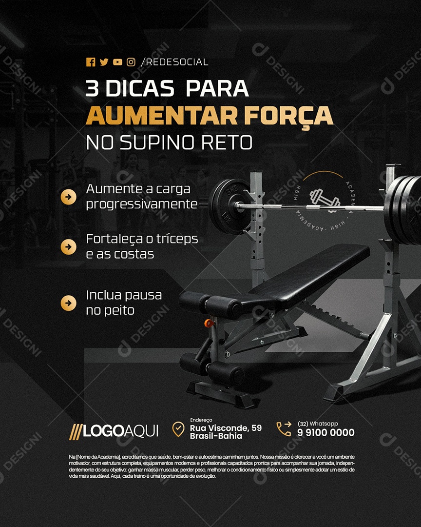 Academia Três Dicas para Aumentar Força Social Media PSD Editável