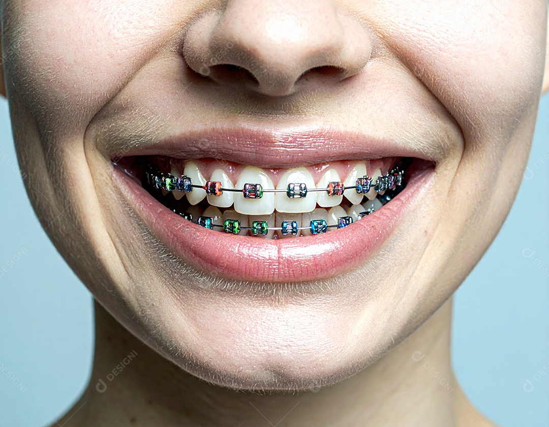 Close-up realista de uma boca sorrindo mostrando dentes com aparelho ortodôntico