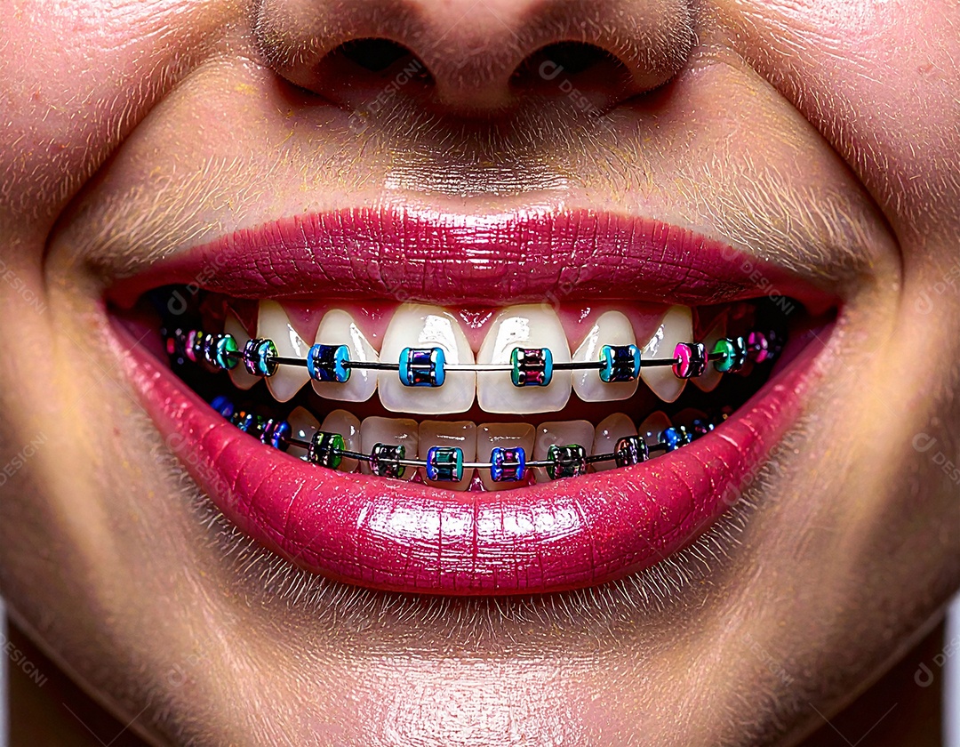 Close-up realista de uma boca sorrindo mostrando dentes com aparelho ortodôntico