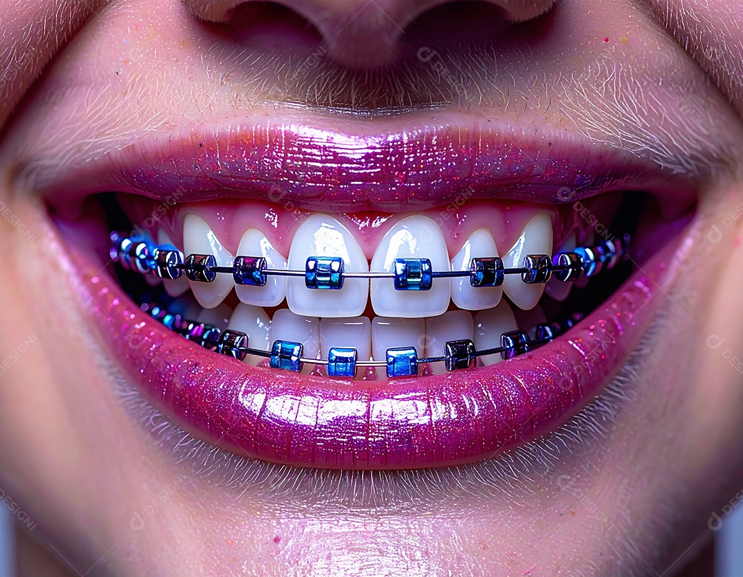 Close-up realista de uma boca sorrindo mostrando dentes com aparelho ortodôntico