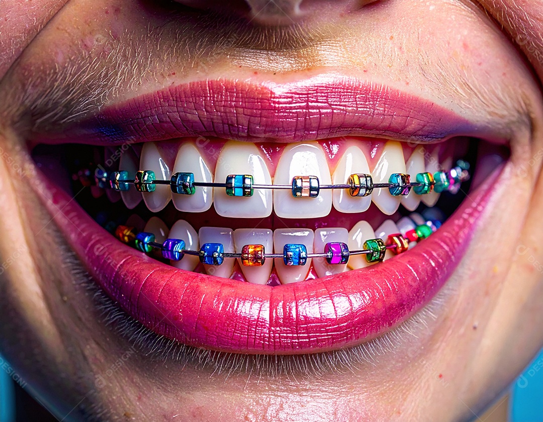 Close-up realista de uma boca sorrindo mostrando dentes com aparelho ortodôntico