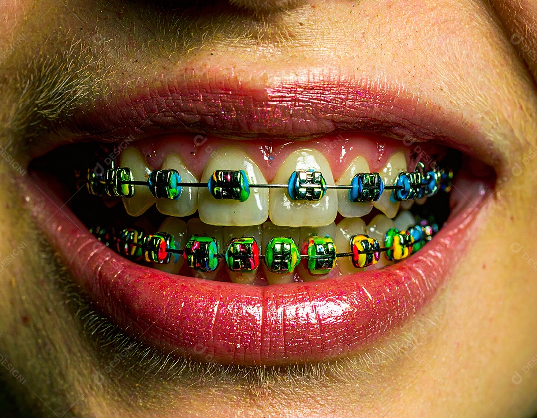 Close-up realista de uma boca sorrindo mostrando dentes com aparelho ortodôntico