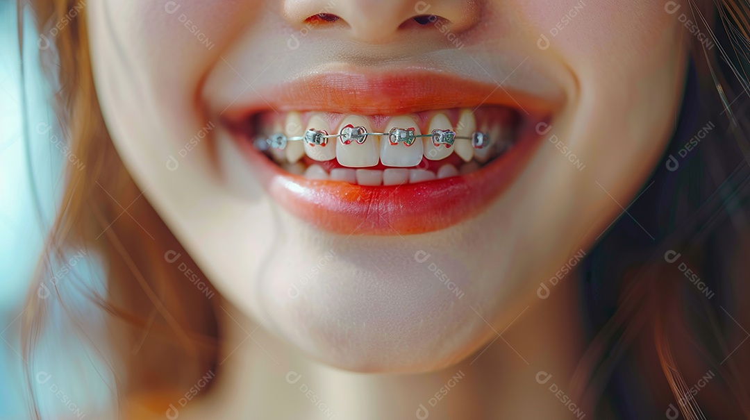 Close-up realista de uma boca sorrindo mostrando dentes com aparelho ortodôntico