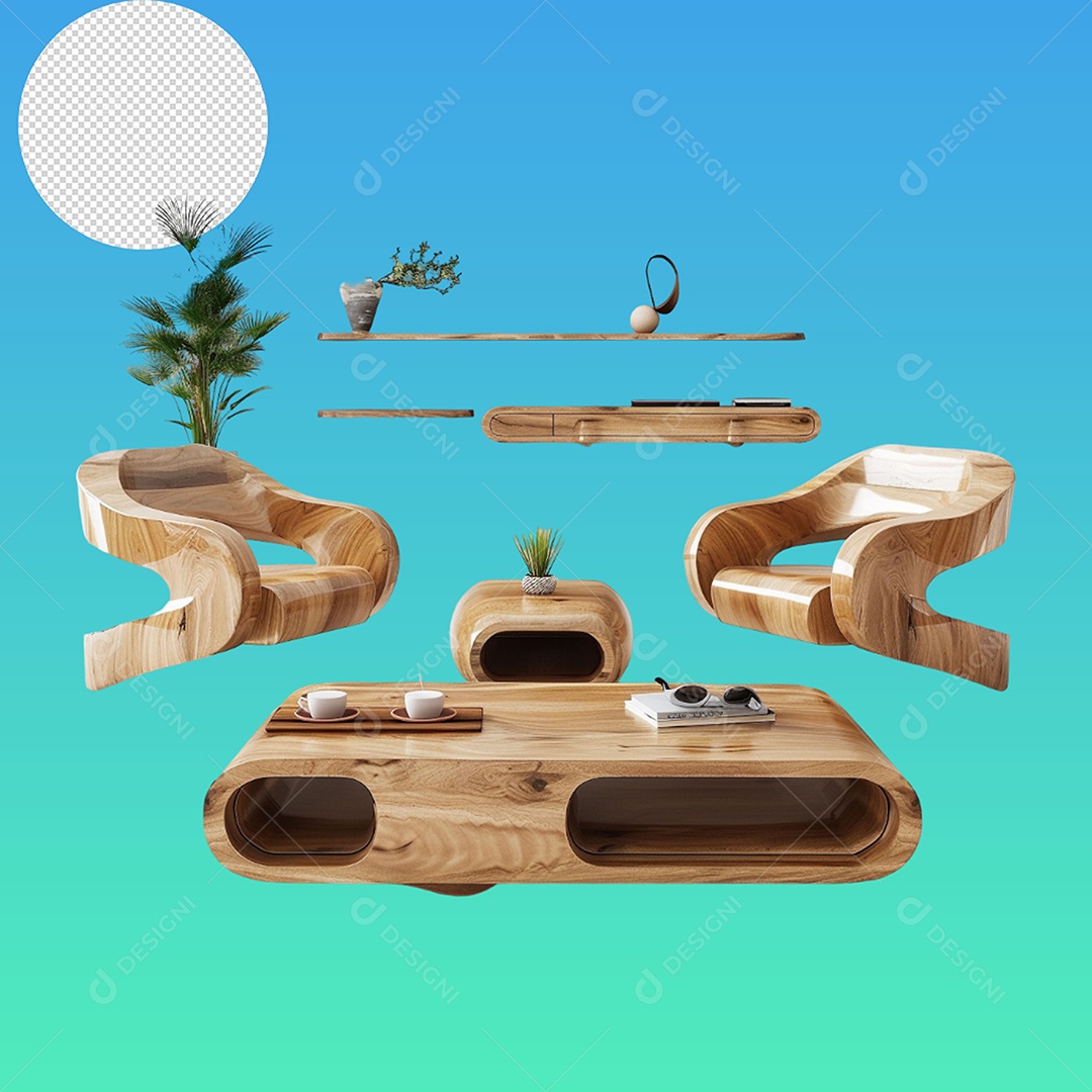 Elemento 3D Conjunto de Movéis de Madeira Para Composição PSD